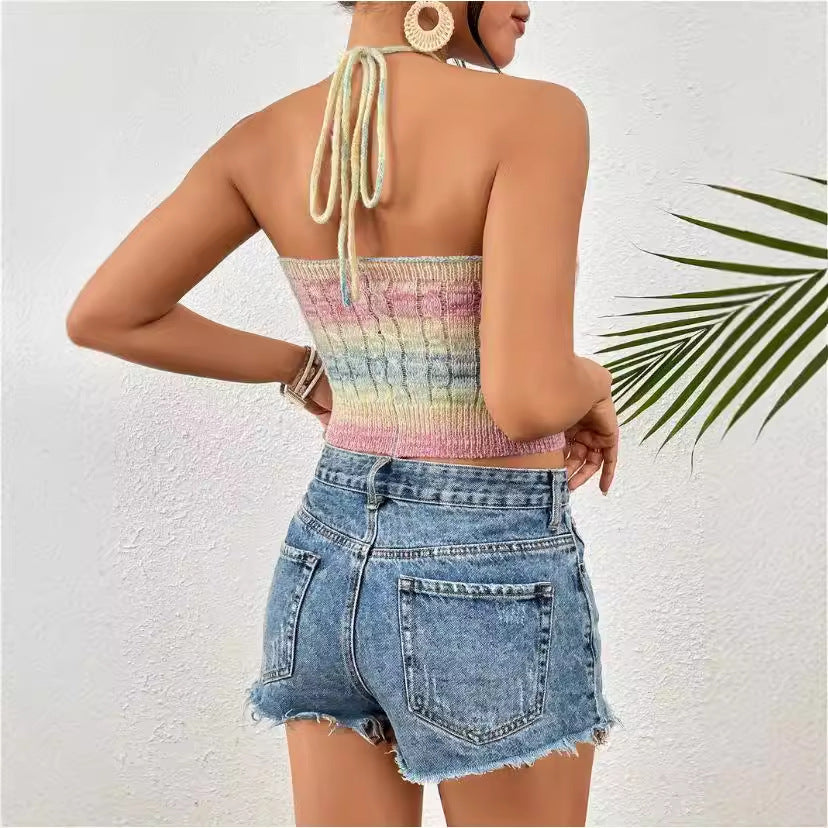 Damen Halter Crop Top mit Kabelmuster