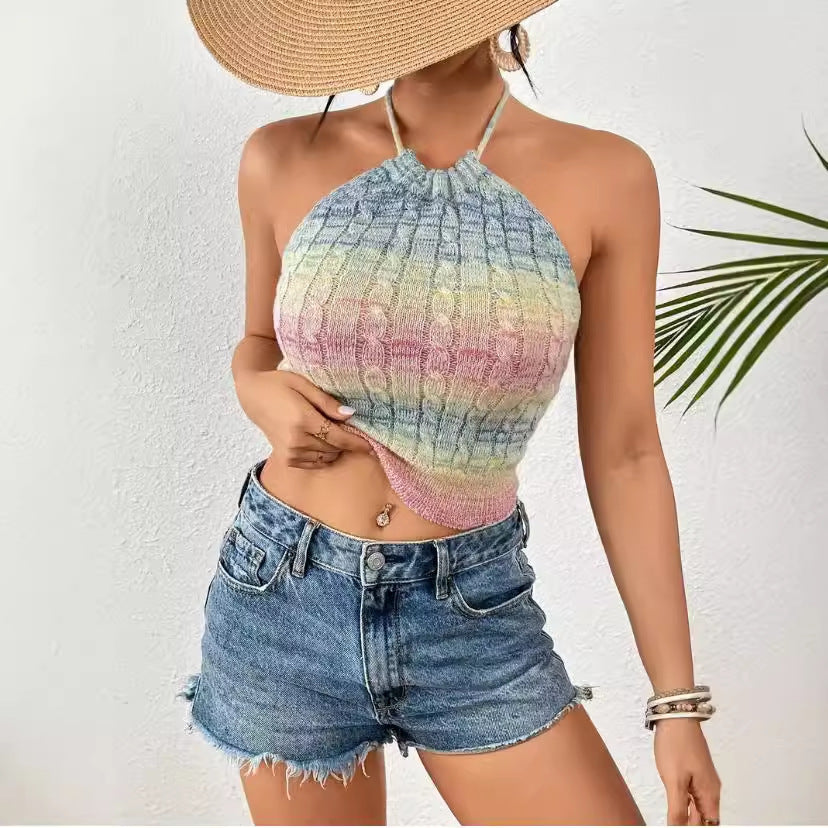 Damen Halter Crop Top mit Kabelmuster