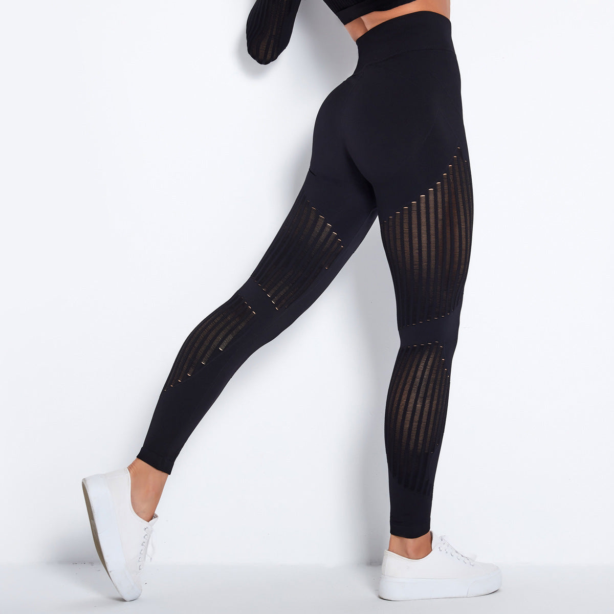 Damen High-T-Mesh-Panel-Fitness-Leggings-Schwarz