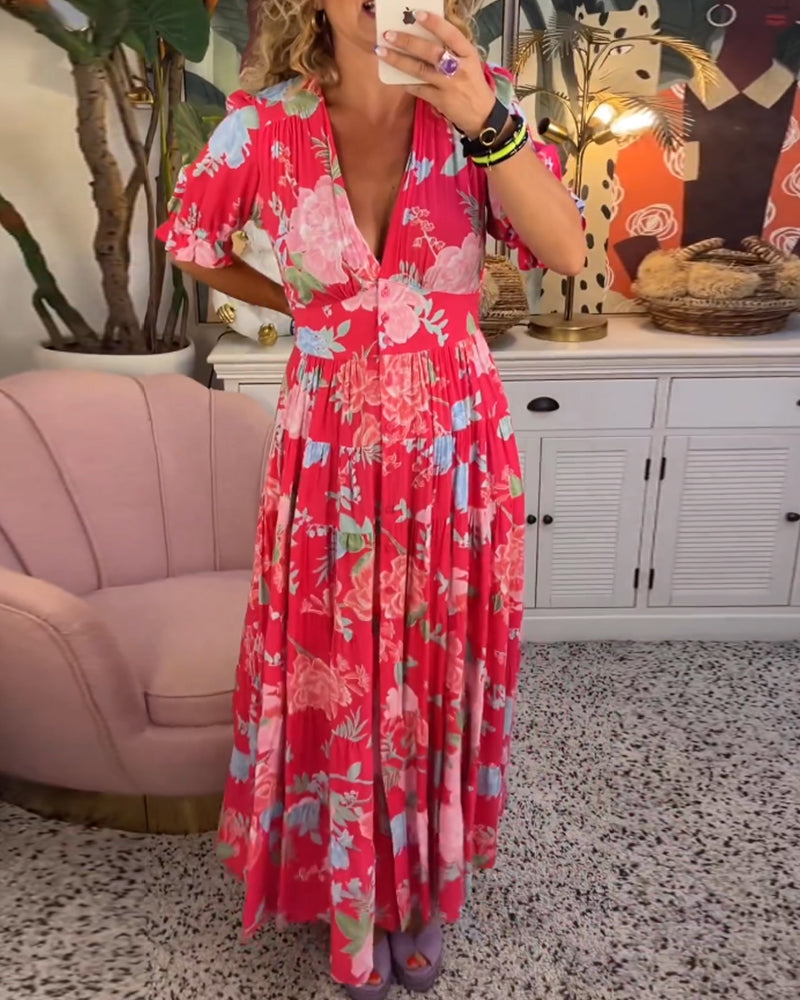 Damen Kleid Blumendruck V-Ausschnitt mit Taschen, Leichtes Baumwollkleid für Alltag und Freizeit