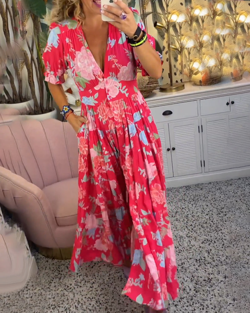 Damen Kleid Blumendruck V-Ausschnitt mit Taschen, Leichtes Baumwollkleid für Alltag und Freizeit
