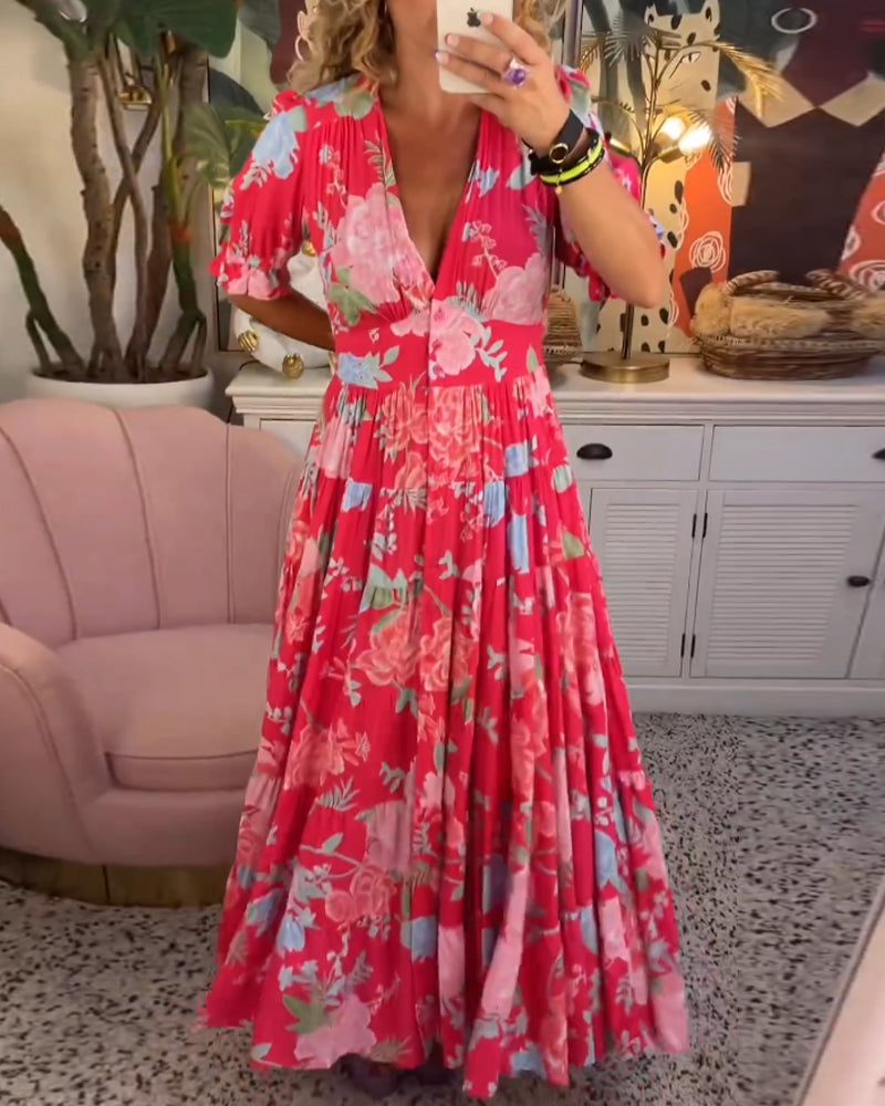 Damen Kleid Blumendruck V-Ausschnitt mit Taschen, Leichtes Baumwollkleid für Alltag und Freizeit