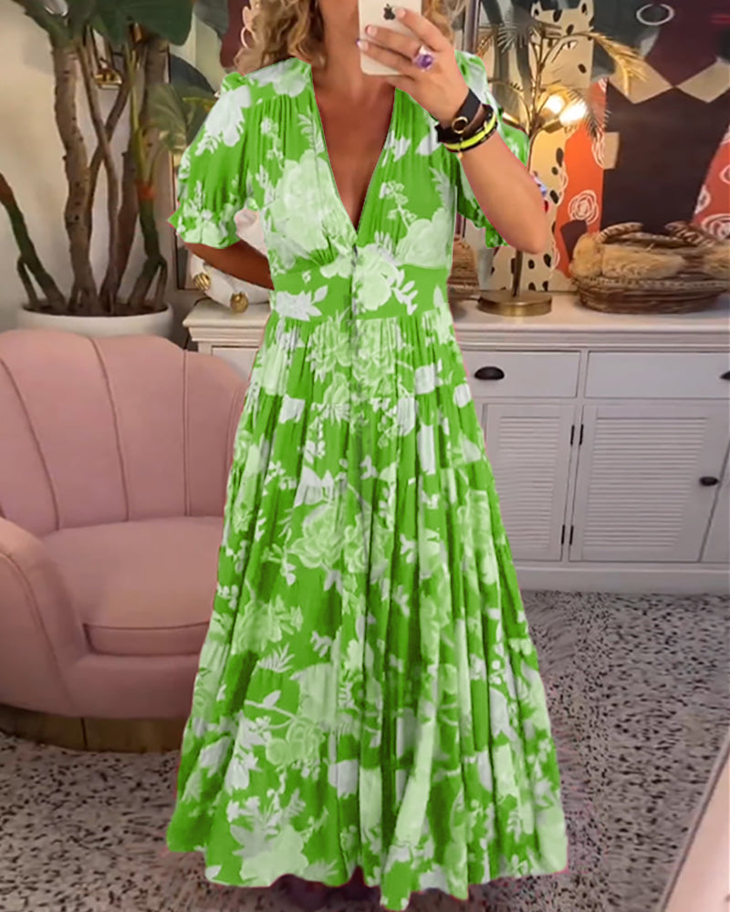 Damen Kleid Blumendruck V-Ausschnitt mit Taschen, Leichtes Baumwollkleid für Alltag und Freizeit