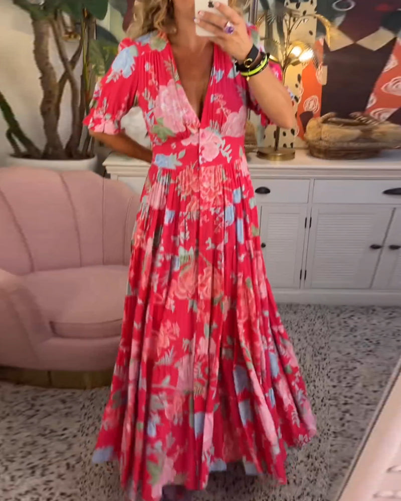 Damen Kleid Blumendruck V-Ausschnitt mit Taschen, Leichtes Baumwollkleid für Alltag und Freizeit