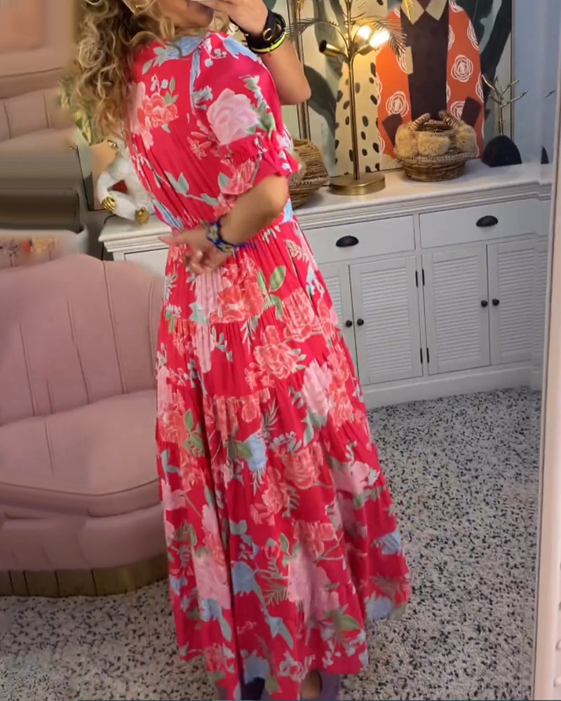 Damen Kleid Blumendruck V-Ausschnitt mit Taschen, Leichtes Baumwollkleid für Alltag und Freizeit