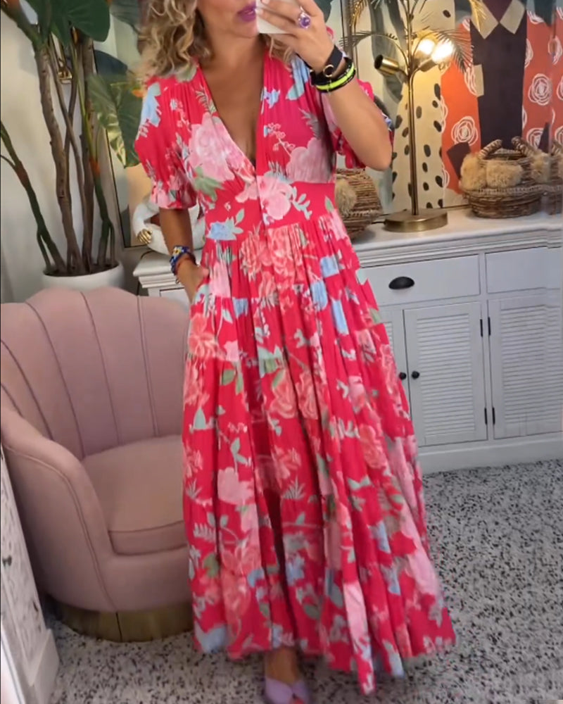 Damen Kleid Blumendruck V-Ausschnitt mit Taschen, Leichtes Baumwollkleid für Alltag und Freizeit