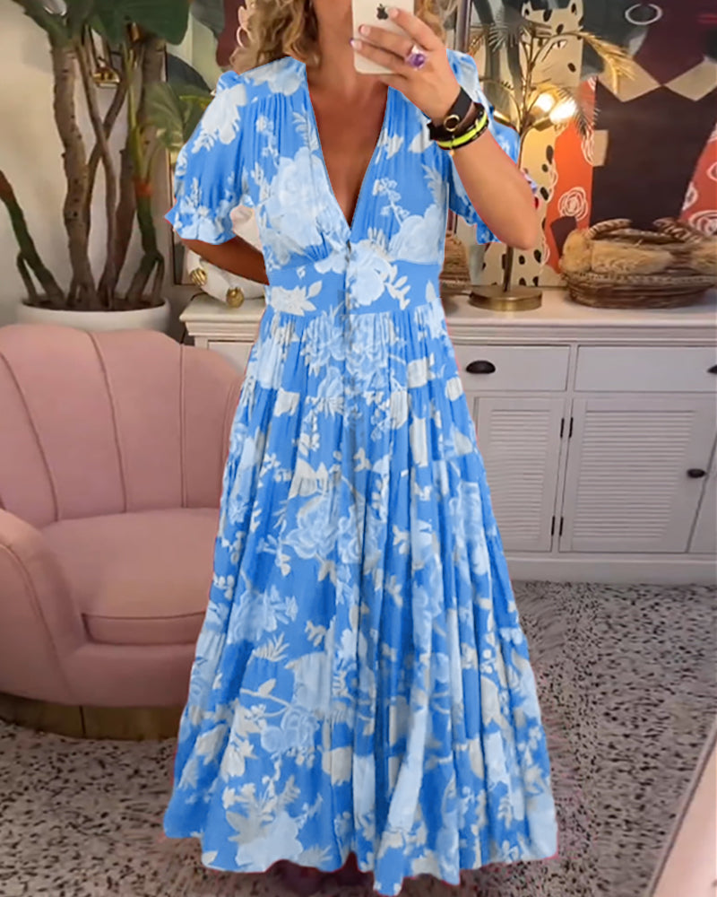 Damen Kleid Blumendruck V-Ausschnitt mit Taschen, Leichtes Baumwollkleid für Alltag und Freizeit