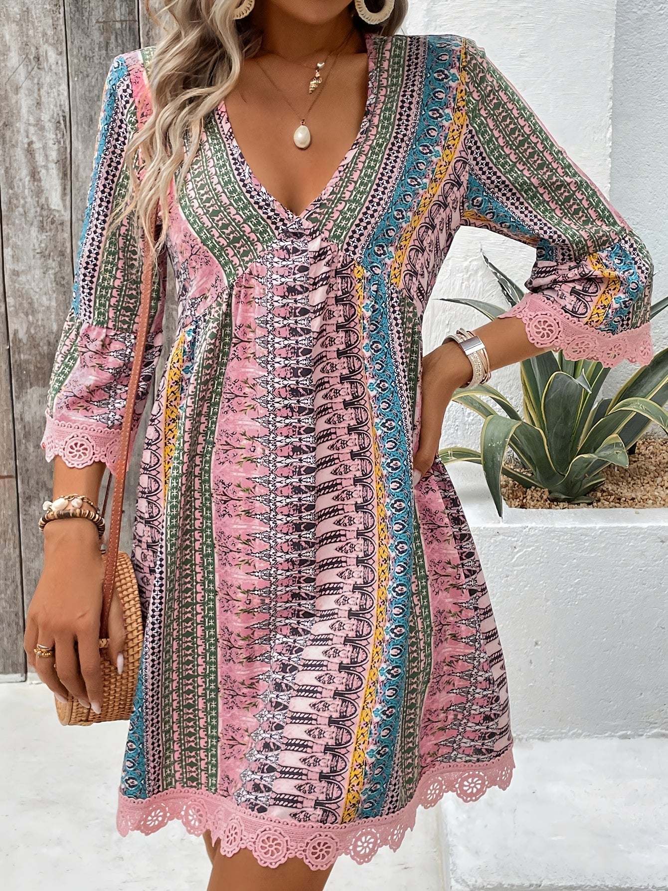 Damen Kleid V-Ausschnitt Spitzenverkleidung mit Blumenmuster Sommerkleid für Freizeit und Gartenpartys
