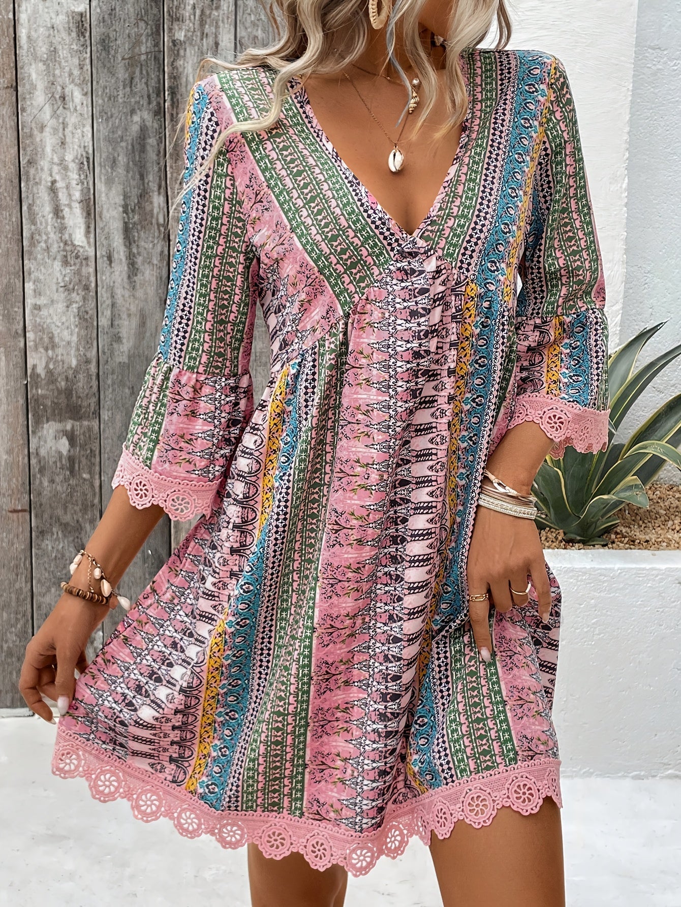 Damen Kleid V-Ausschnitt Spitzenverkleidung mit Blumenmuster Sommerkleid für Freizeit und Gartenpartys