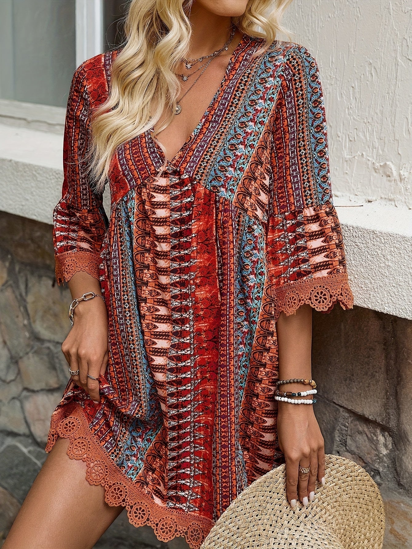 Damen Kleid V-Ausschnitt Spitzenverkleidung mit Blumenmuster Sommerkleid für Freizeit und Gartenpartys