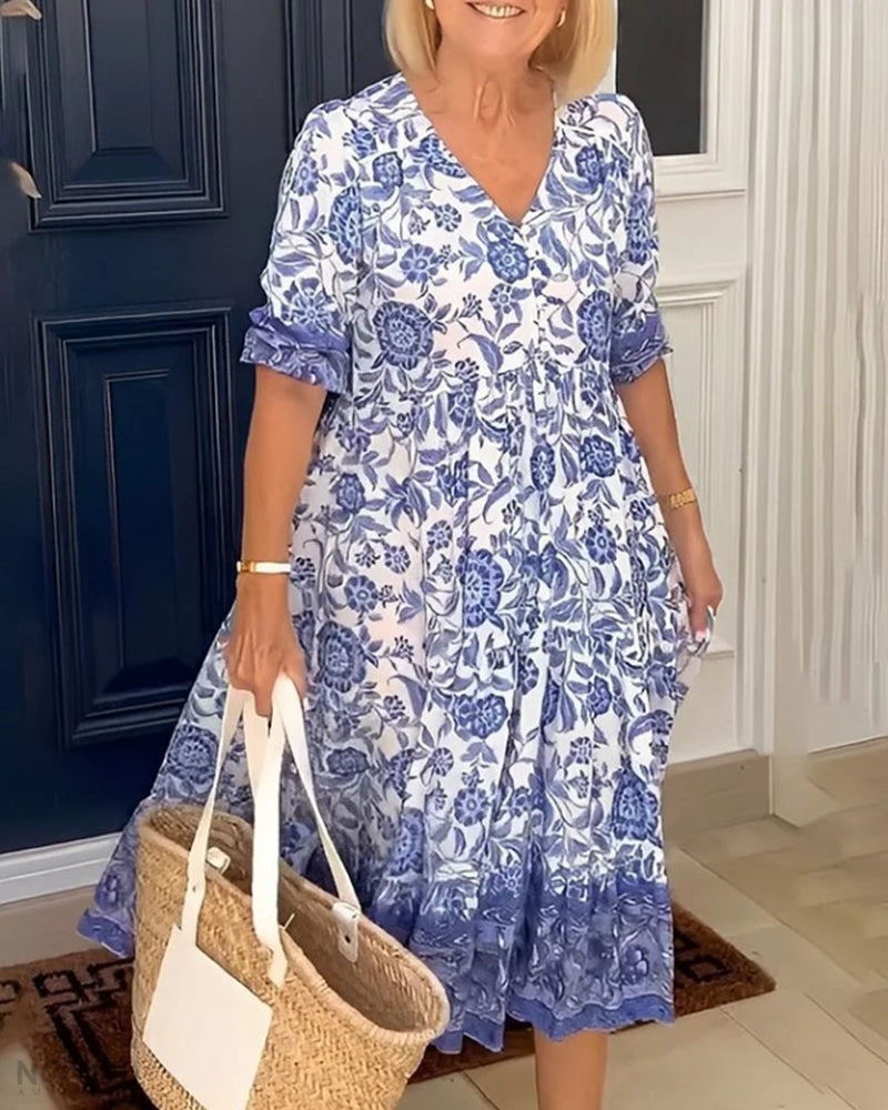 Damen Maxikleid mit V-Ausschnitt und Blumenmuster – Sommer Kleid Lang für besondere Anlässe
