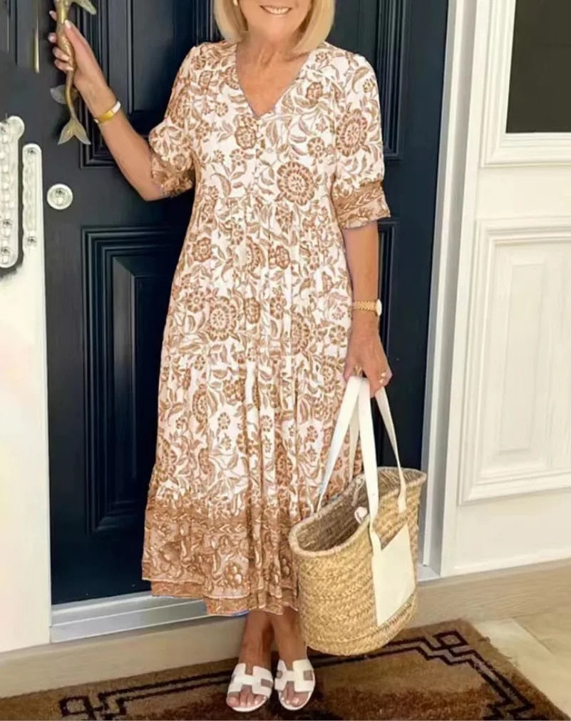 Damen Maxikleid mit V-Ausschnitt und Blumenmuster – Sommer Kleid Lang für besondere Anlässe