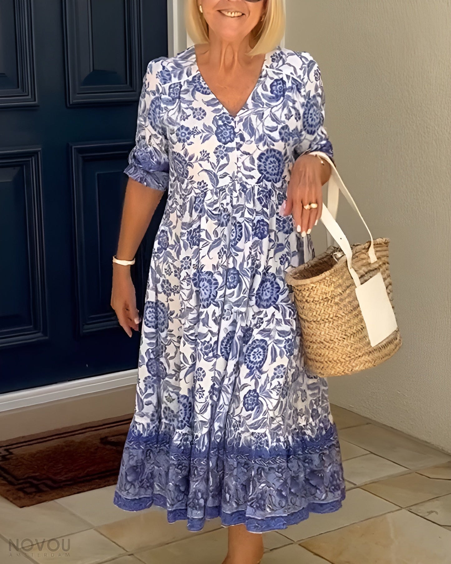 Damen Maxikleid mit V-Ausschnitt und Blumenmuster – Sommer Kleid Lang für besondere Anlässe
