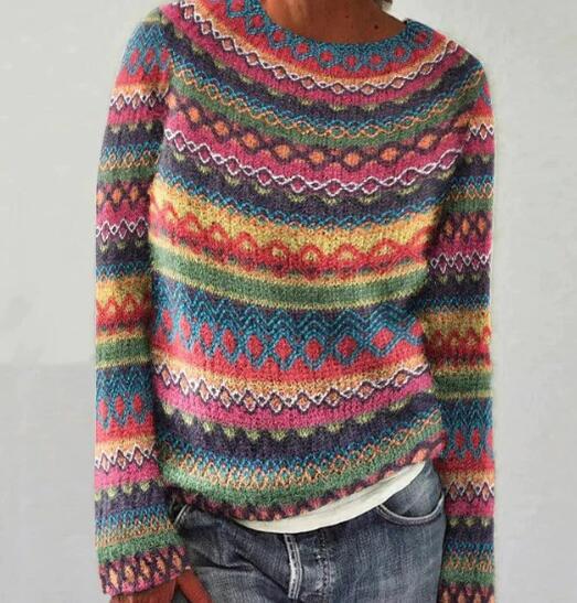 Damen Mehrfarbiger Boho-Pullover – Langarm Strickpullover mit Rundhalsausschnitt