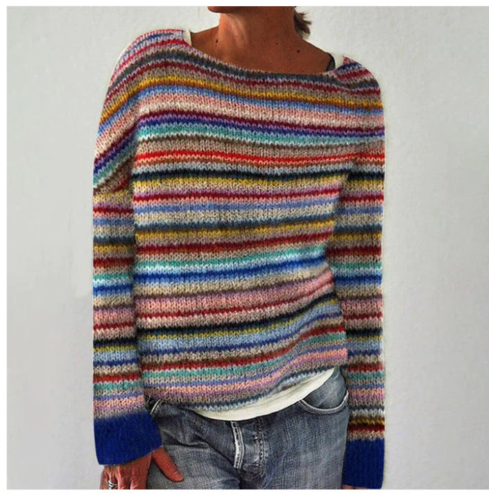 Damen Mehrfarbiger Boho-Pullover – Langarm Strickpullover mit Rundhalsausschnitt1