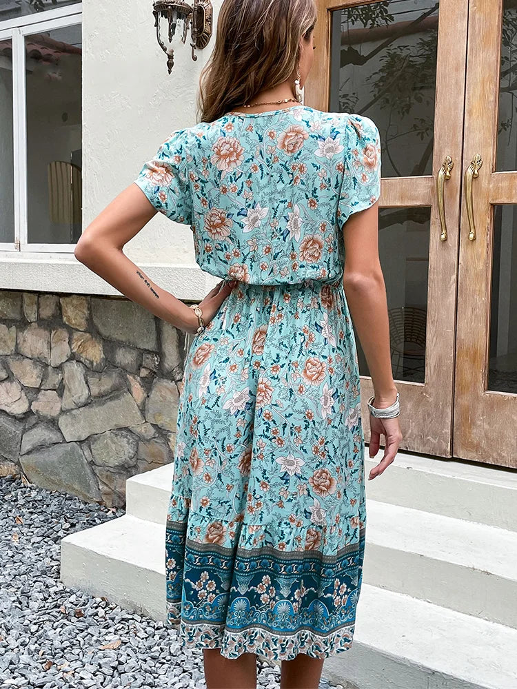 Damen Midi Kleid Boho Stil Blumenmuster Sommerkleider für Elegante Anlässe