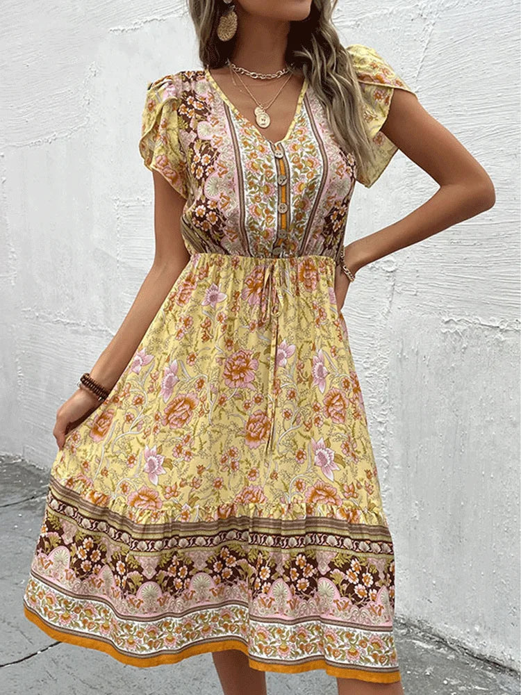 Damen Midi Kleid Boho Stil Blumenmuster Sommerkleider für Elegante Anlässe