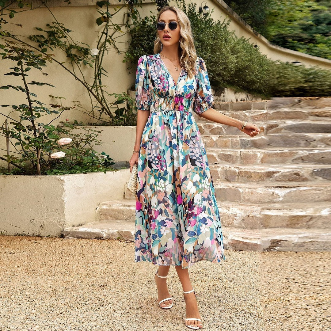 Damen Midi Kleid V-Ausschnitt Vintage Stil für Hochzeitsgast und Sommerveranstaltungen