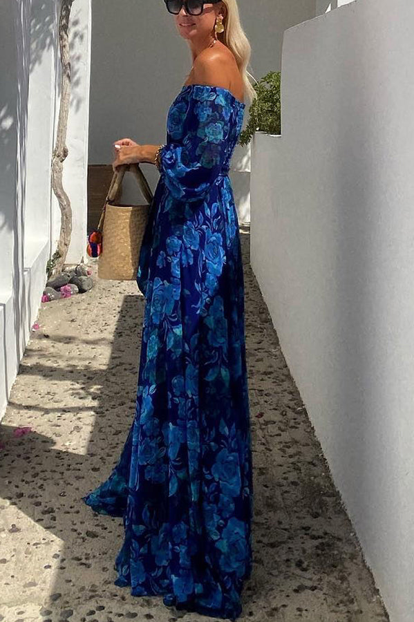 Damen Off-Shoulder Maxikleid mit Blumenmuster – Sommerkleid lang aus leichter