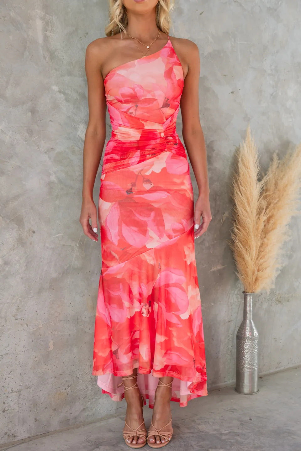 Damen One-Shoulder Blumensommerkleid mit Faltendetails für Hochzeitsgast und festliche Anlässe
