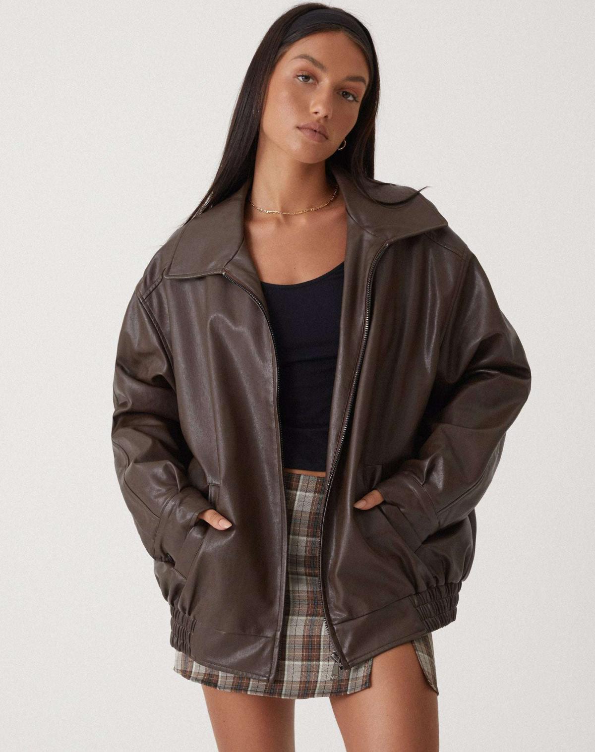 Damen Oversize Kunstlederjacke – Lässige Bomberjacke mit Reißverschluss