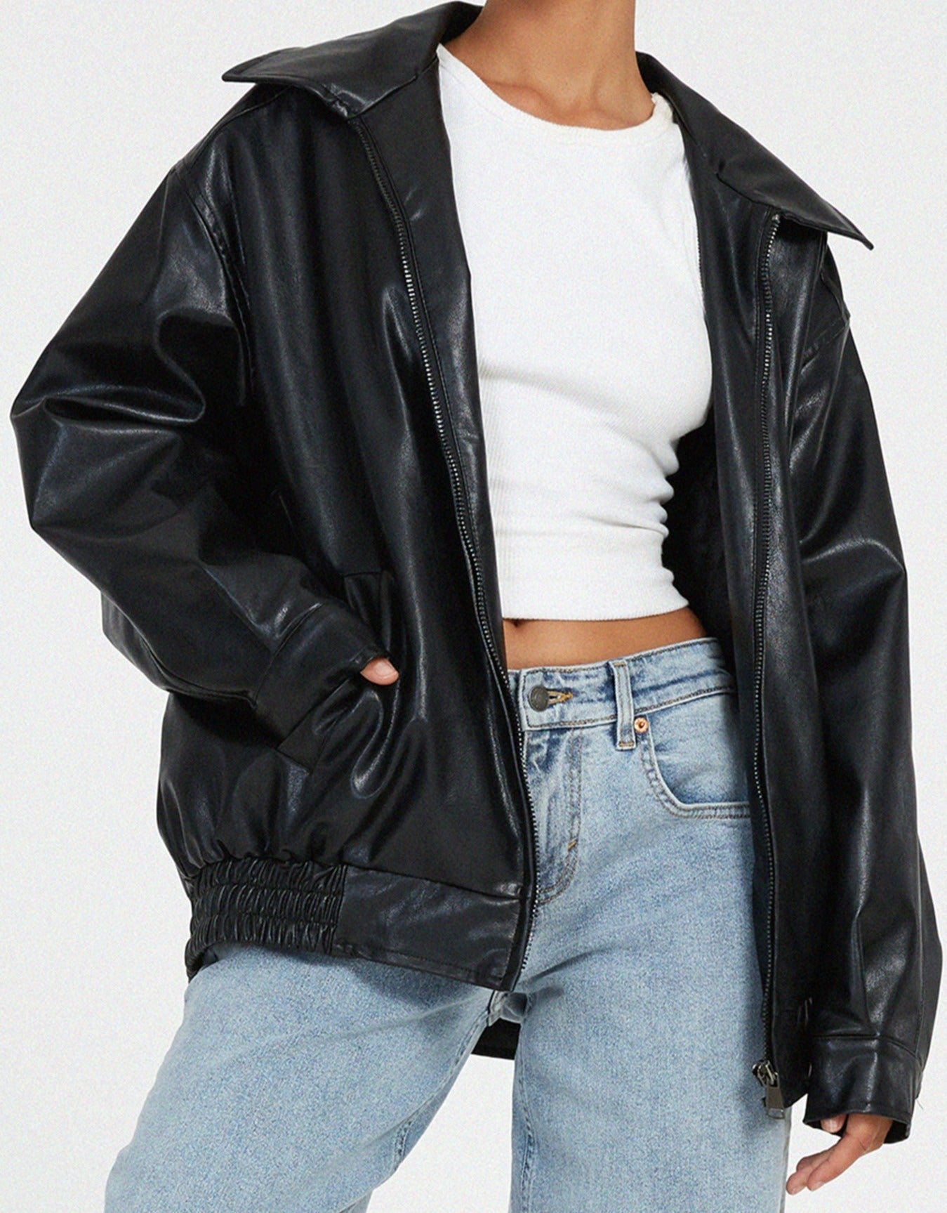 Damen Oversize Kunstlederjacke – Lässige Bomberjacke mit Reißverschluss
