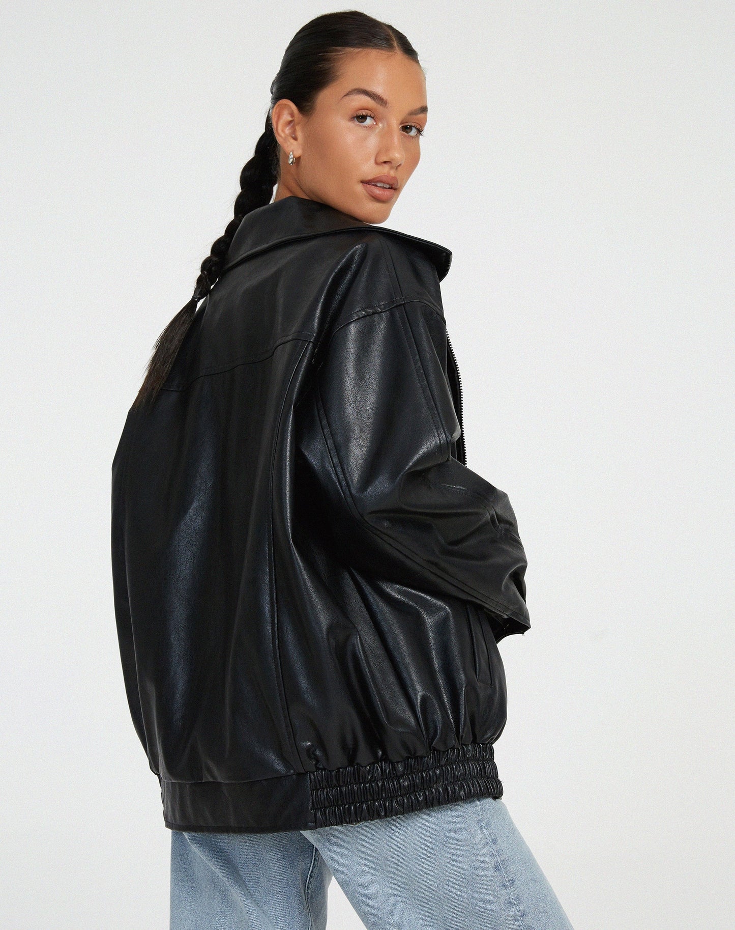 Damen Oversize Kunstlederjacke – Lässige Bomberjacke mit Reißverschluss