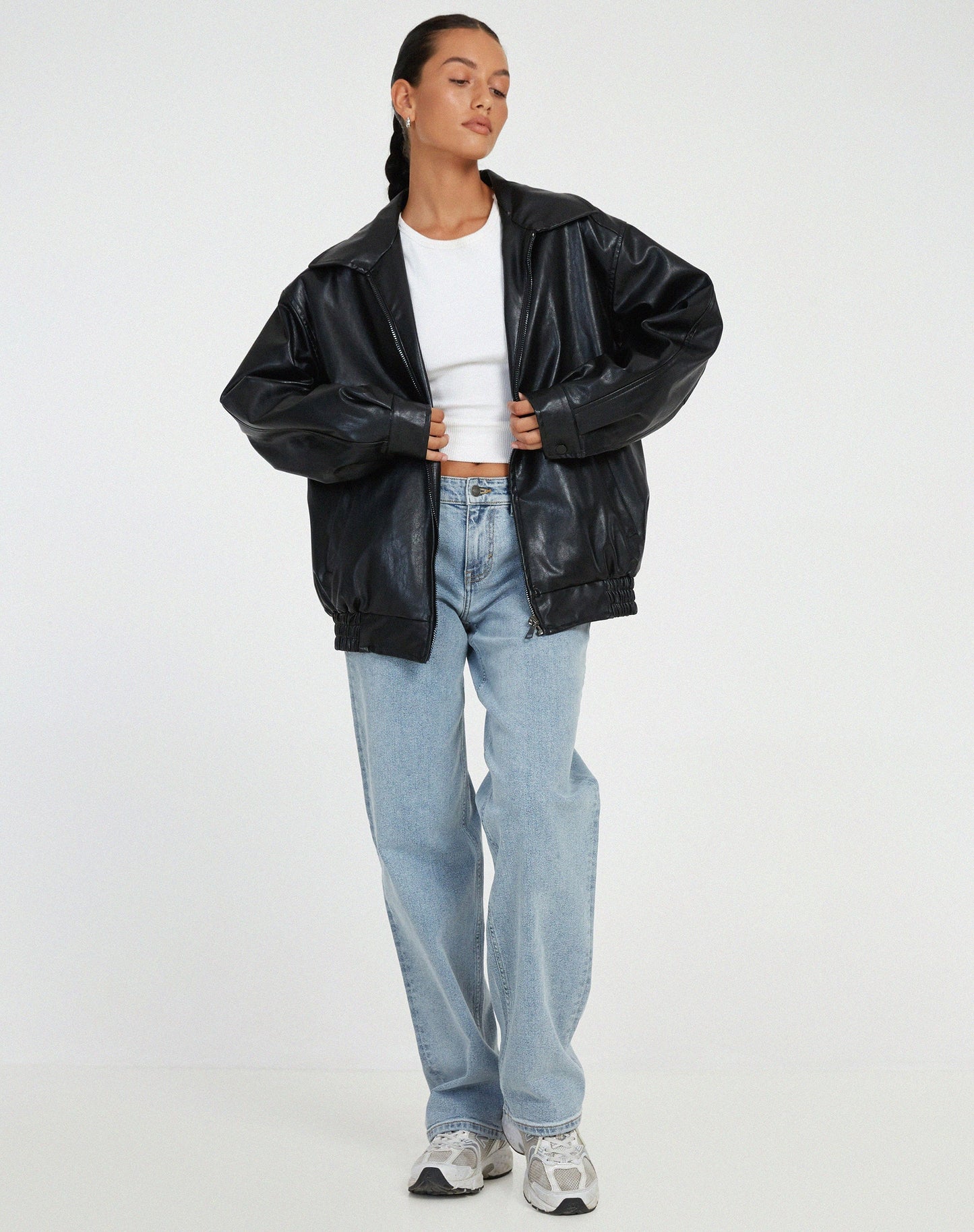 Damen Oversize Kunstlederjacke – Lässige Bomberjacke mit Reißverschluss