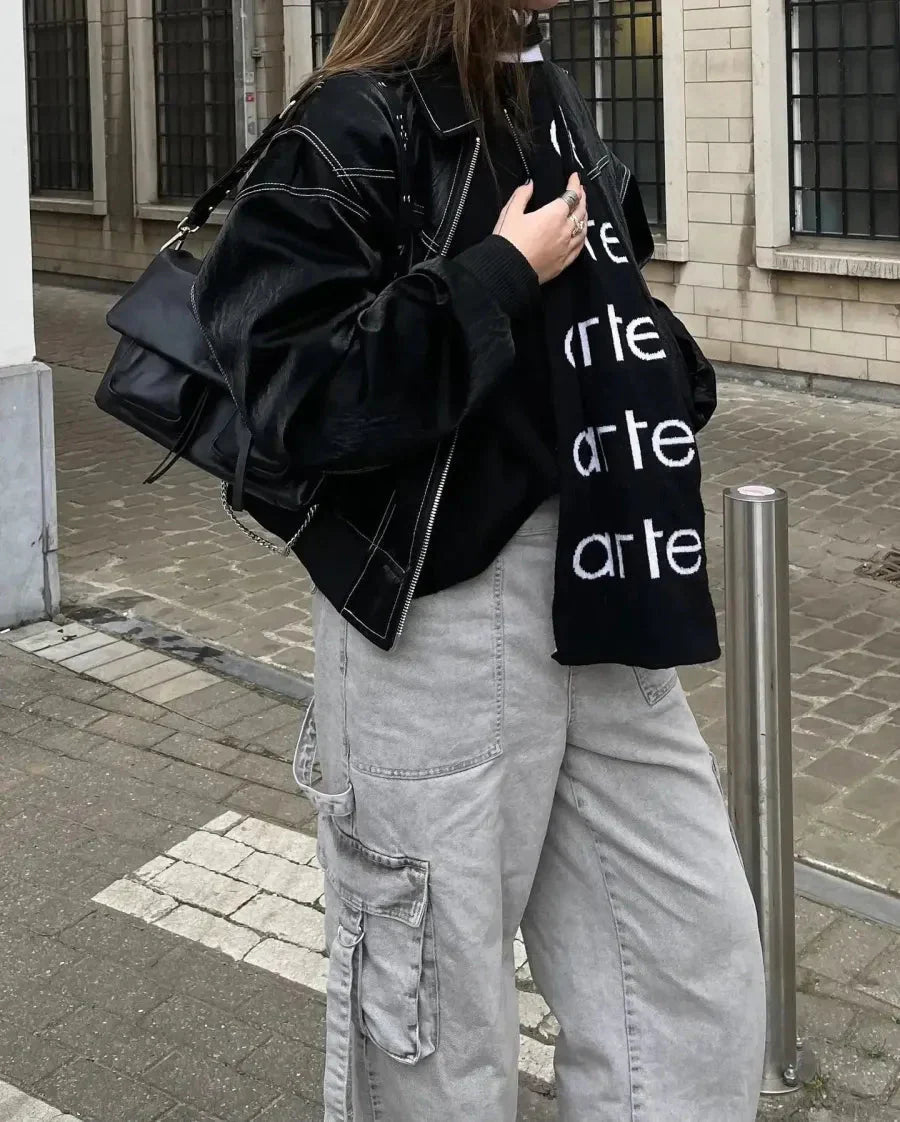 Damen Oversize-Lederjacke mit Reißverschluss – Vintage-Inspirierte Übergangsjacke