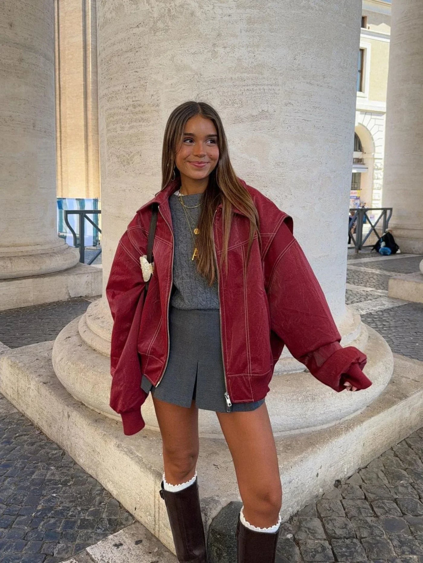 Damen Oversize-Lederjacke mit Reißverschluss – Vintage-Inspirierte Übergangsjacke