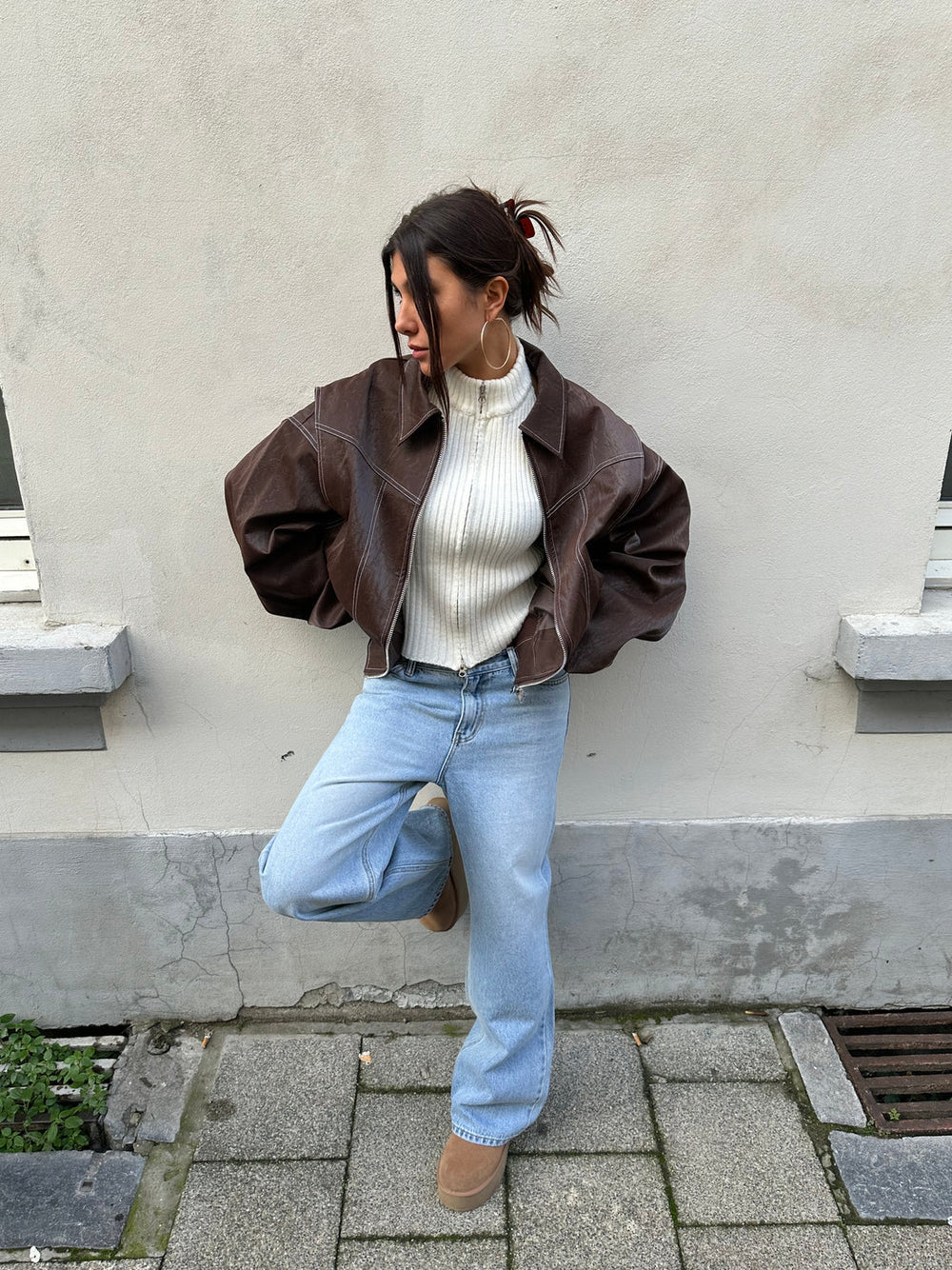 Damen Oversize-Lederjacke mit Reißverschluss – Vintage-Inspirierte Übergangsjacke