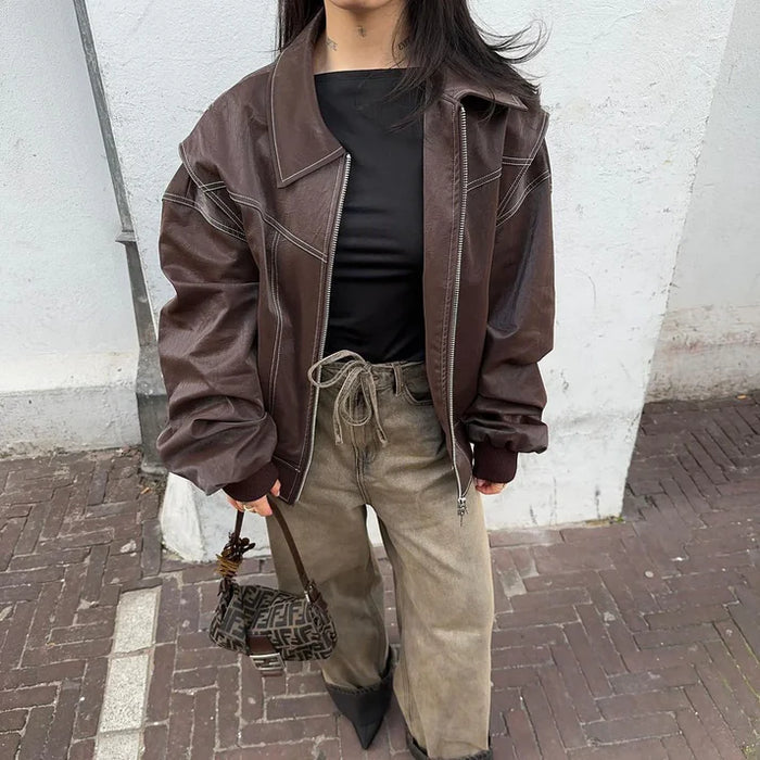 Damen Oversize-Lederjacke mit Reißverschluss – Vintage-Inspirierte Übergangsjacke