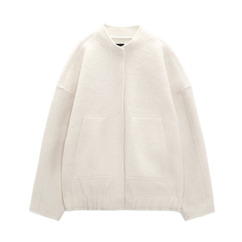 Damen Oversize-Wolljacke ohne Kragen – Minimalistische Übergangsjacke