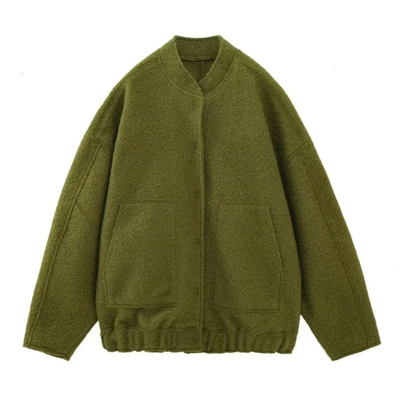 Damen Oversize-Wolljacke ohne Kragen – Minimalistische Übergangsjacke