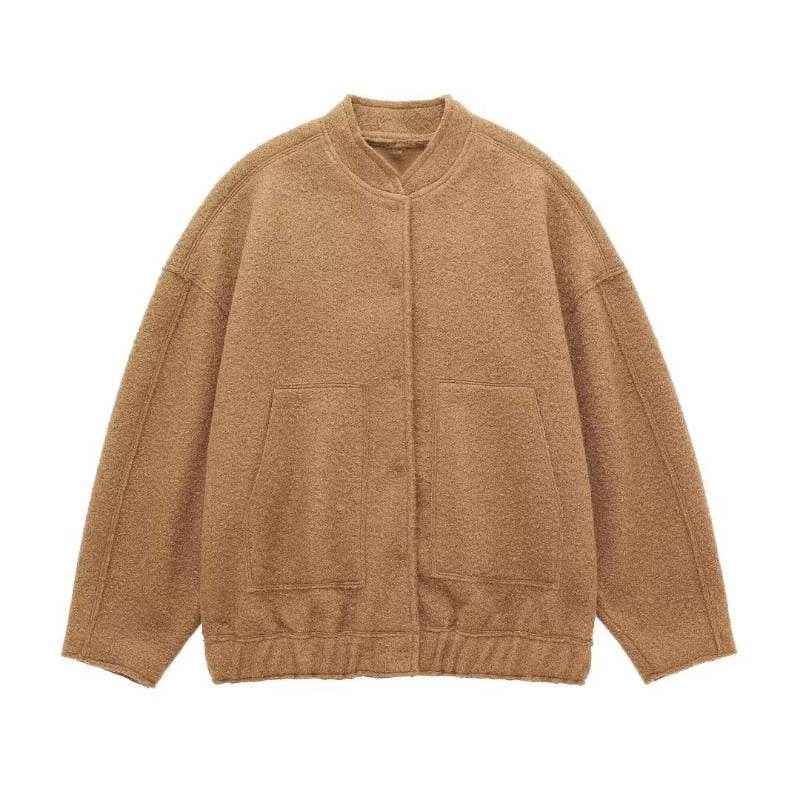 Damen Oversize-Wolljacke ohne Kragen – Minimalistische Übergangsjacke