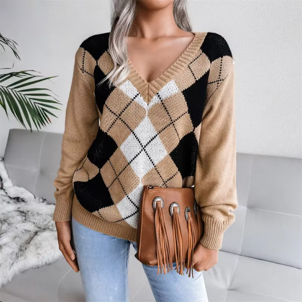 Damen-Pullover mit V-Ausschnitt und Muster in bequemer Passform