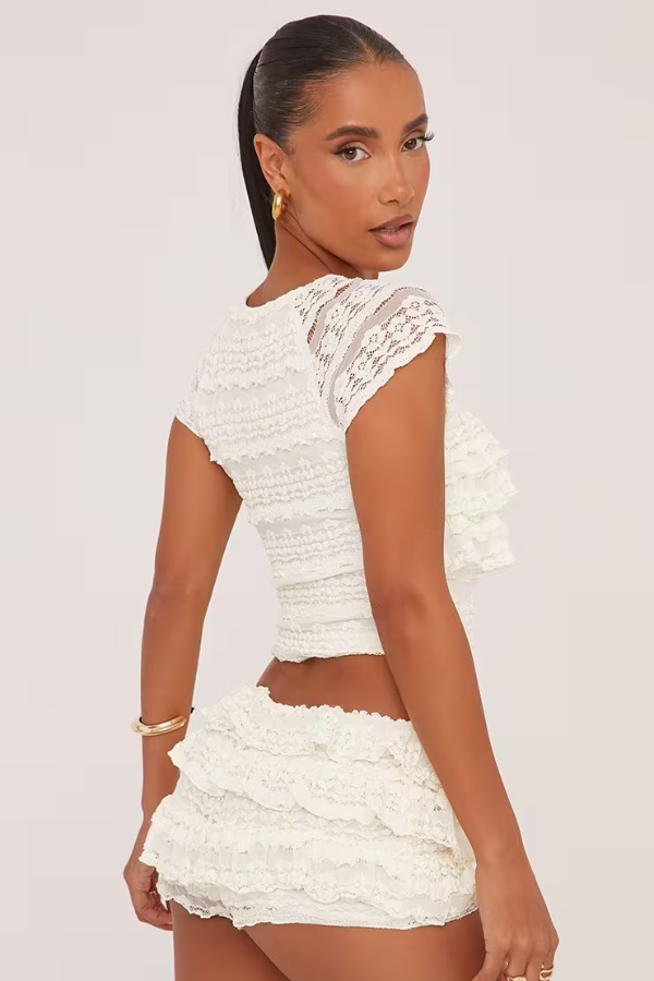 Damen Rüschen Top und Shorts Set aus atmungsaktivem Stoff für lässige Sommerlooks