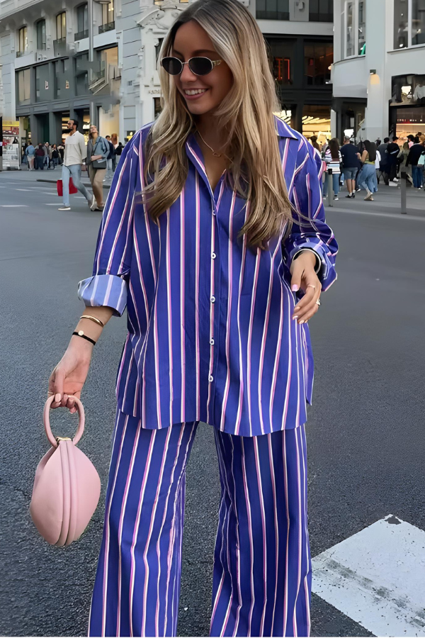 Damen Set mit Weiten Hosen und Button-Down-Hemd für Elegante Anlässe