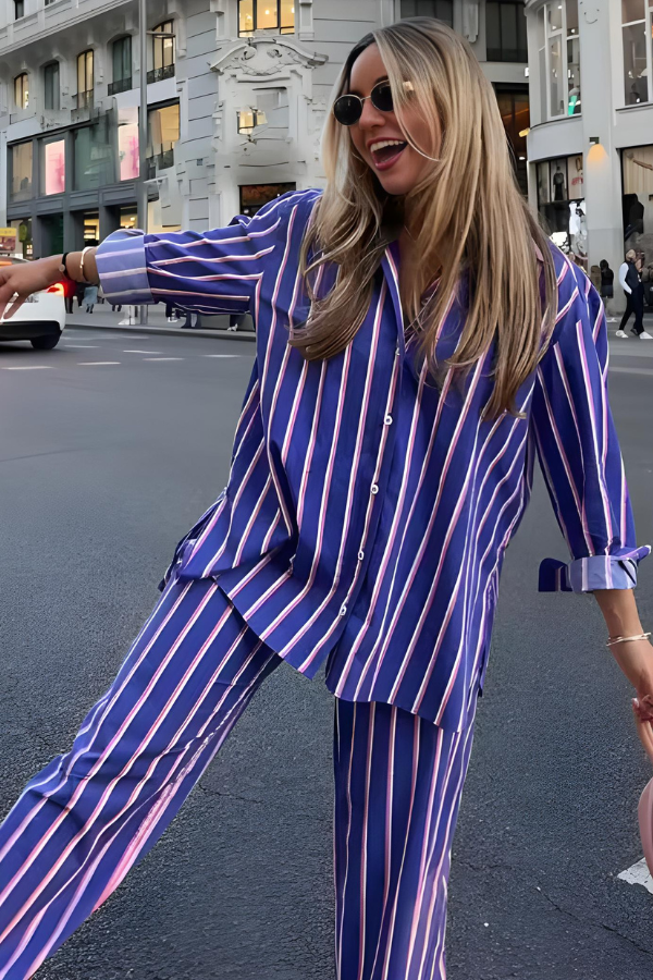 Damen Set mit Weiten Hosen und Button-Down-Hemd für Elegante Anlässe