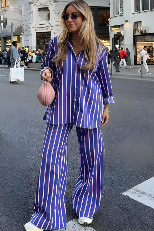 Damen Set mit Weiten Hosen und Button-Down-Hemd für Elegante Anlässe
