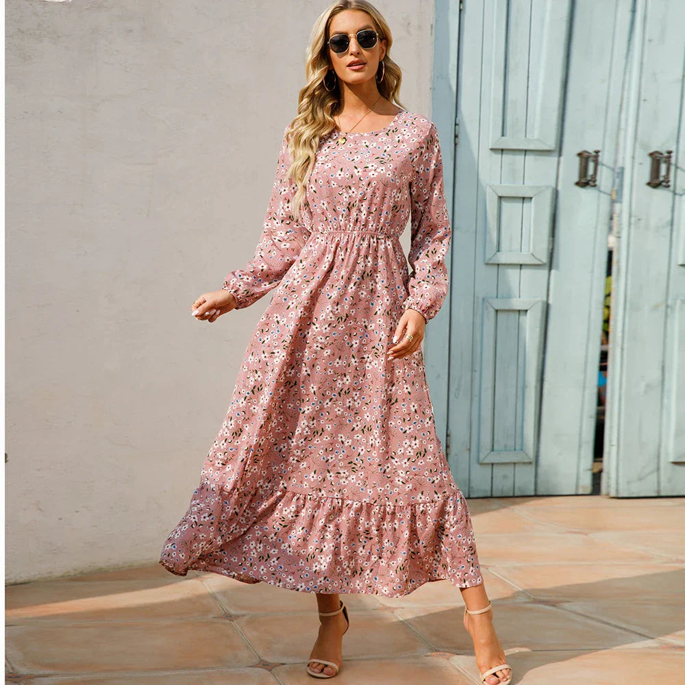 Damen Sommerkleid Bohemian Maxi mit Blumendruck und Hochtaille