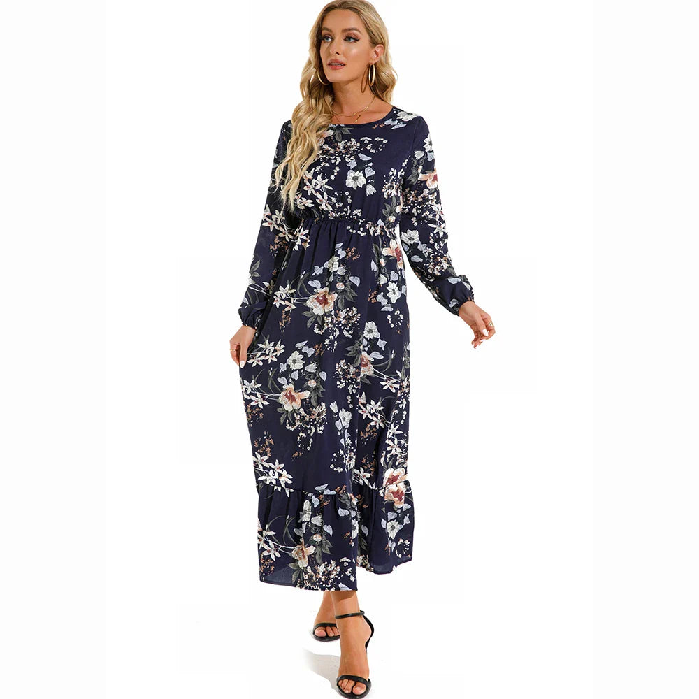 Damen Sommerkleid Bohemian Maxi mit Blumendruck und Hochtaille
