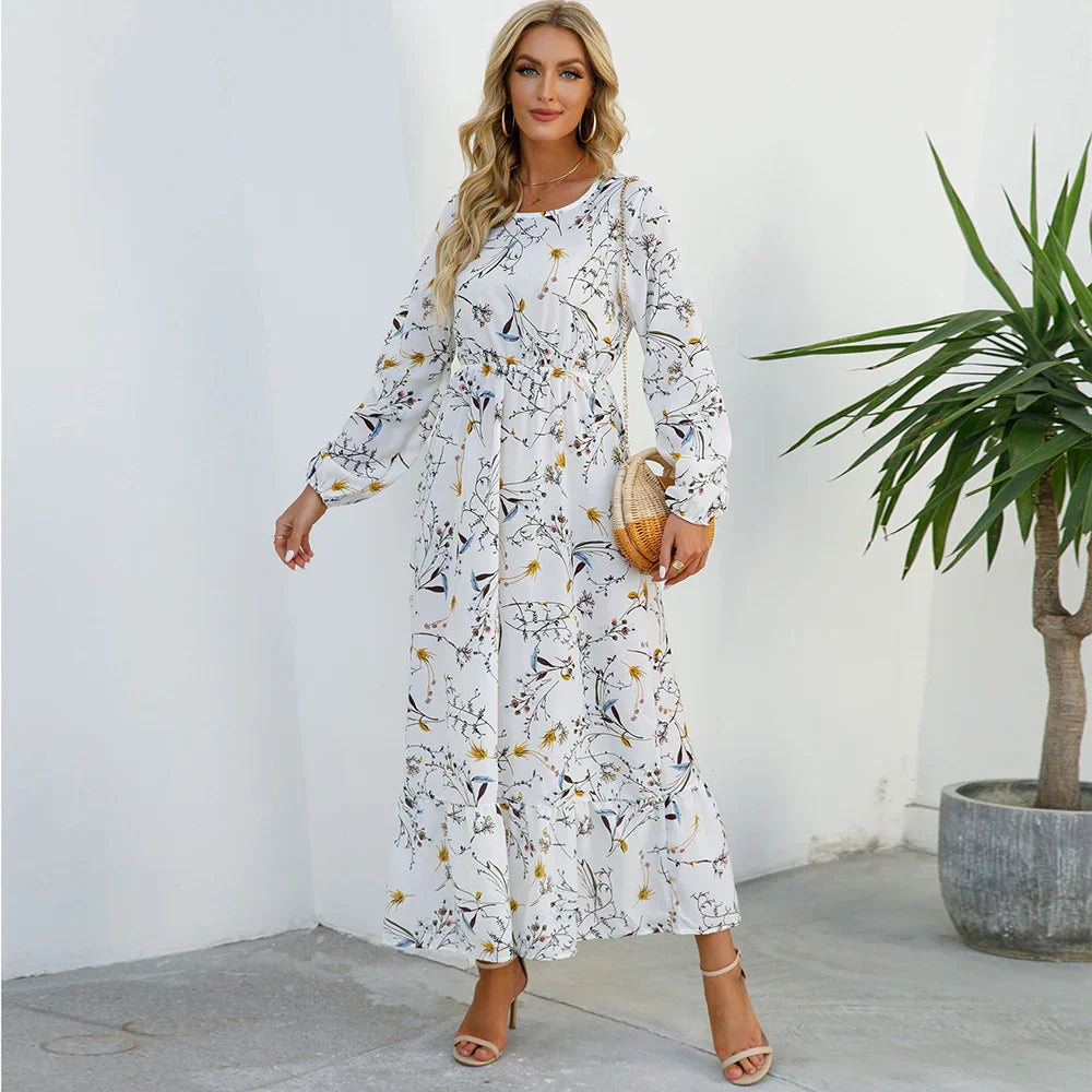 Damen Sommerkleid Bohemian Maxi mit Blumendruck und Hochtaille