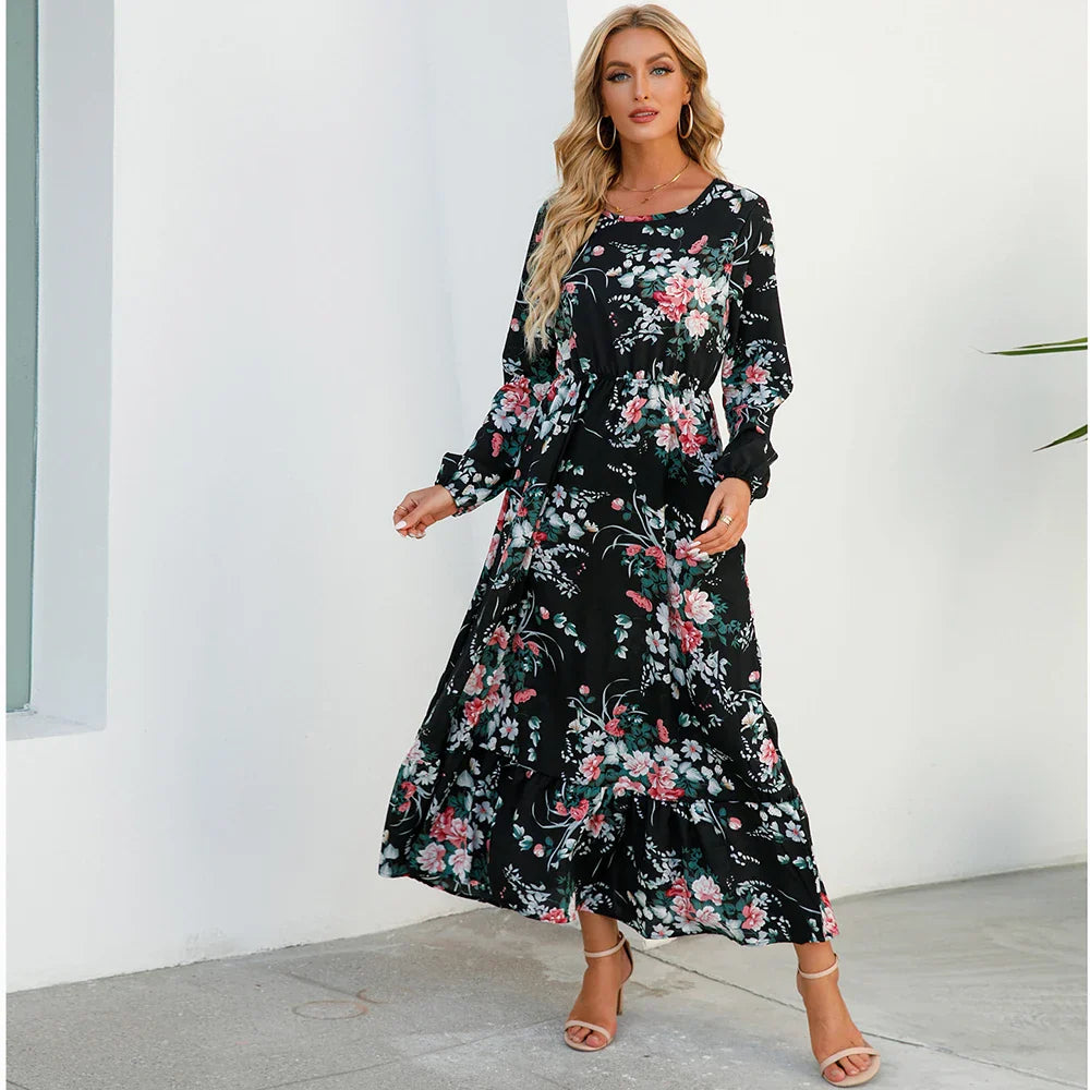 Damen Sommerkleid Bohemian Maxi mit Blumendruck und Hochtaille