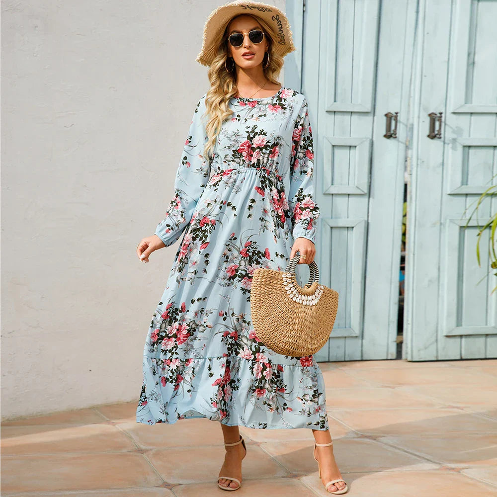 Damen Sommerkleid Bohemian Maxi mit Blumendruck und Hochtaille