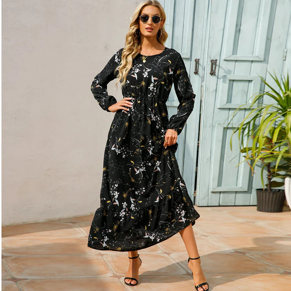 Damen Sommerkleid Bohemian Maxi mit Blumendruck und Hochtaille