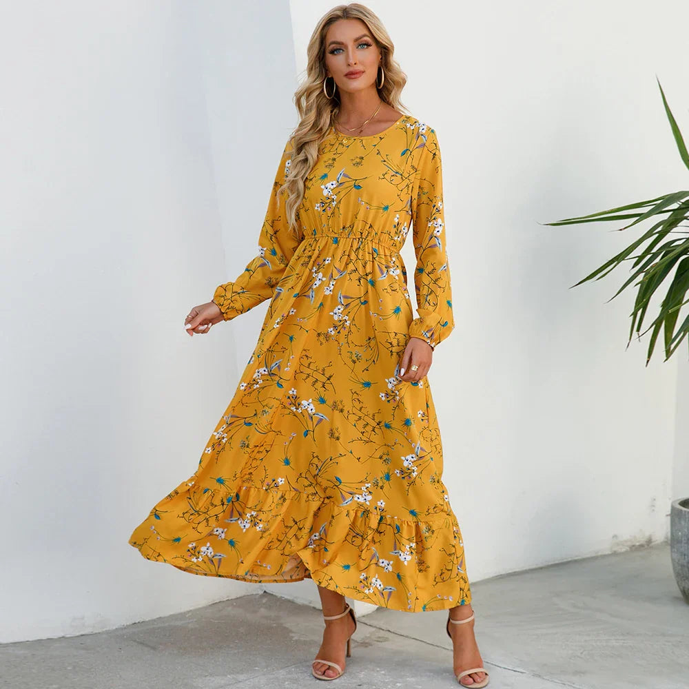 Damen Sommerkleid Bohemian Maxi mit Blumendruck und Hochtaille