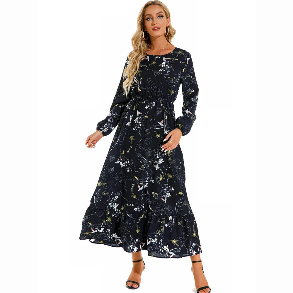 Damen Sommerkleid Bohemian Maxi mit Blumendruck und Hochtaille