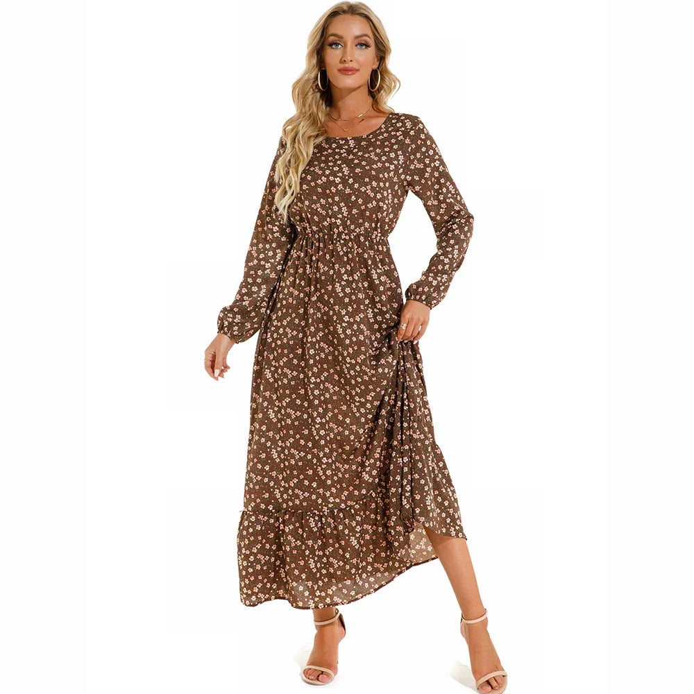 Damen Sommerkleid Bohemian Maxi mit Blumendruck und Hochtaille