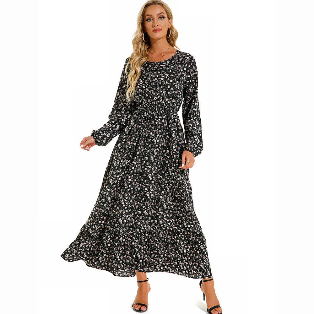 Damen Sommerkleid Bohemian Maxi mit Blumendruck und Hochtaille